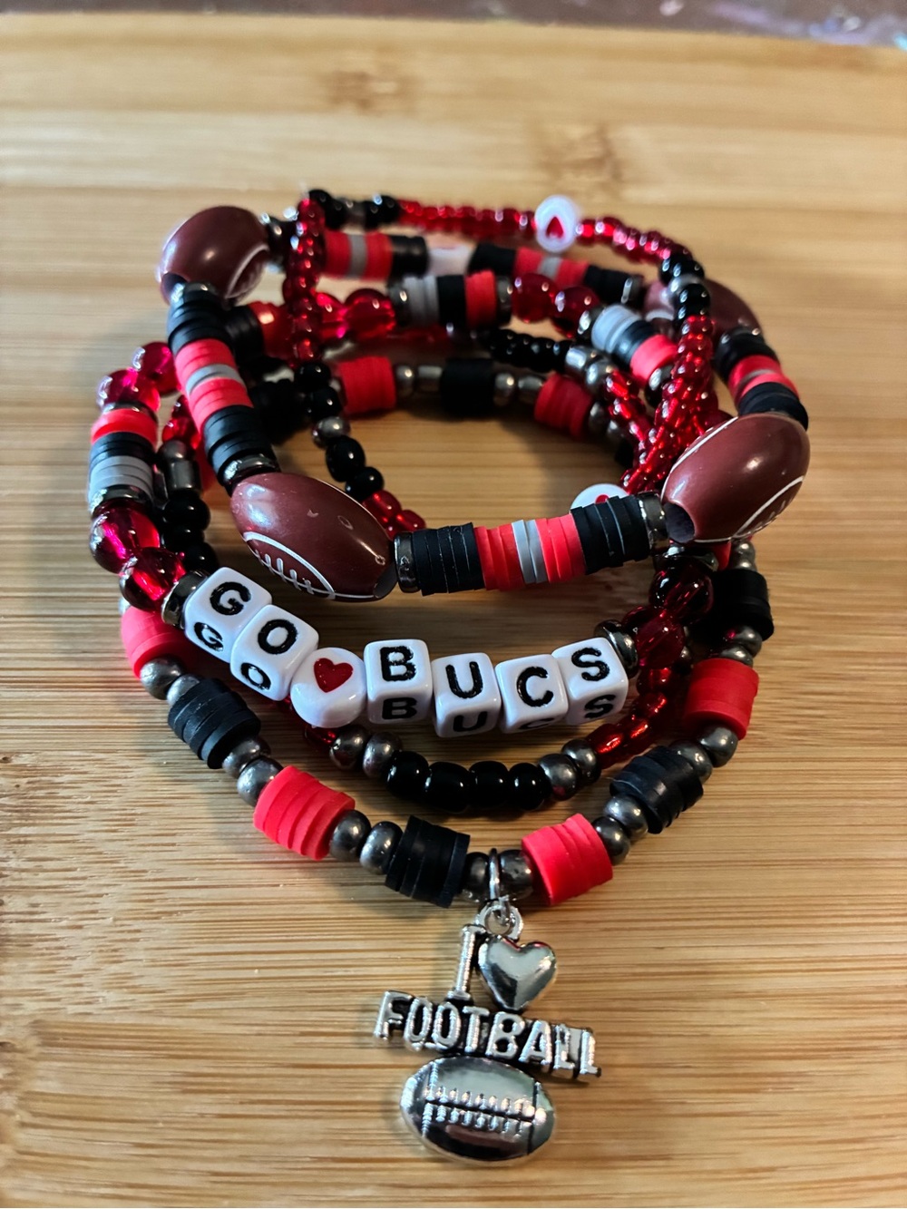 Go Bucs Red & Black Beaded Football Bracelet Stack